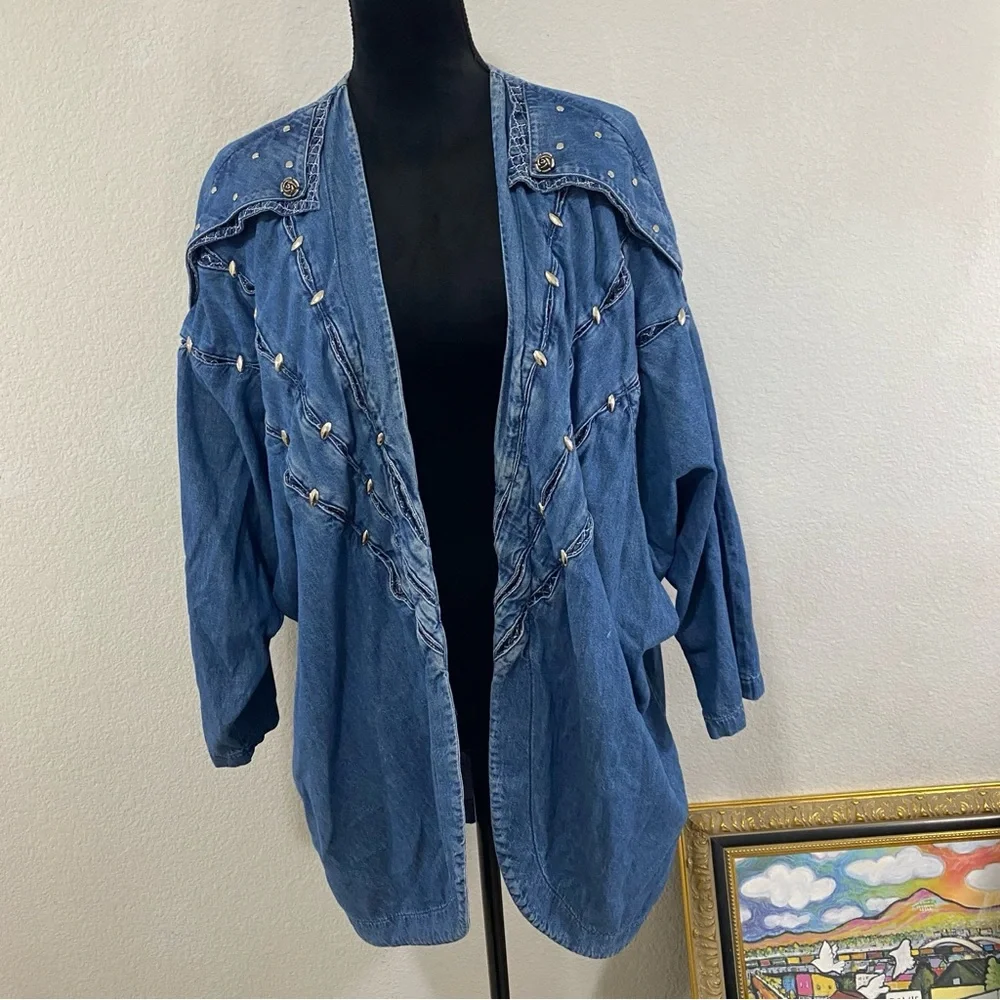 Vintage 80s LA Dawn Cali Open Front Embroidered Denim Jacket, Silver Details - Picture 4 of 6